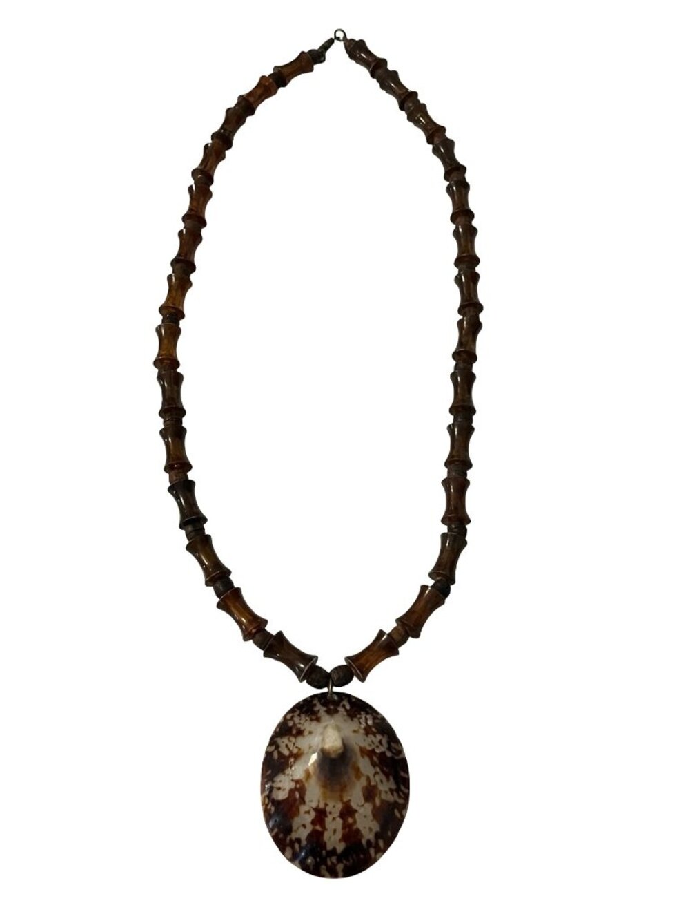 Vintage Acrylic Wood Bead Necklace Shell Pendant Boho Tribal Statement 22” Natur